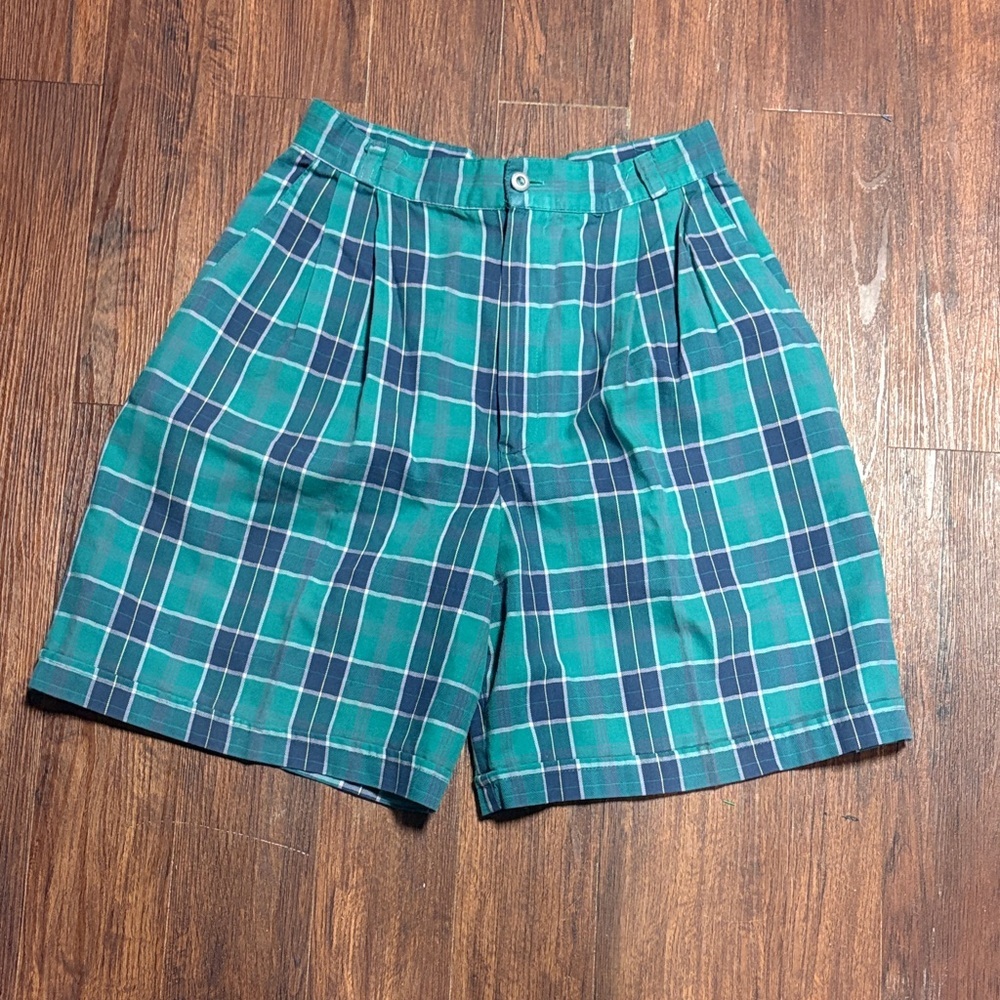 Toby 90s High Waisted Green and Blue Plaid Shorts
